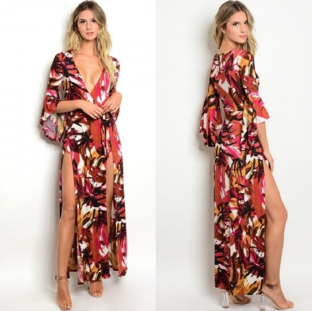 6XHP NWT Dope Vacay Berry Bell Sleeve Maxi Romper - Picture 1 of 12